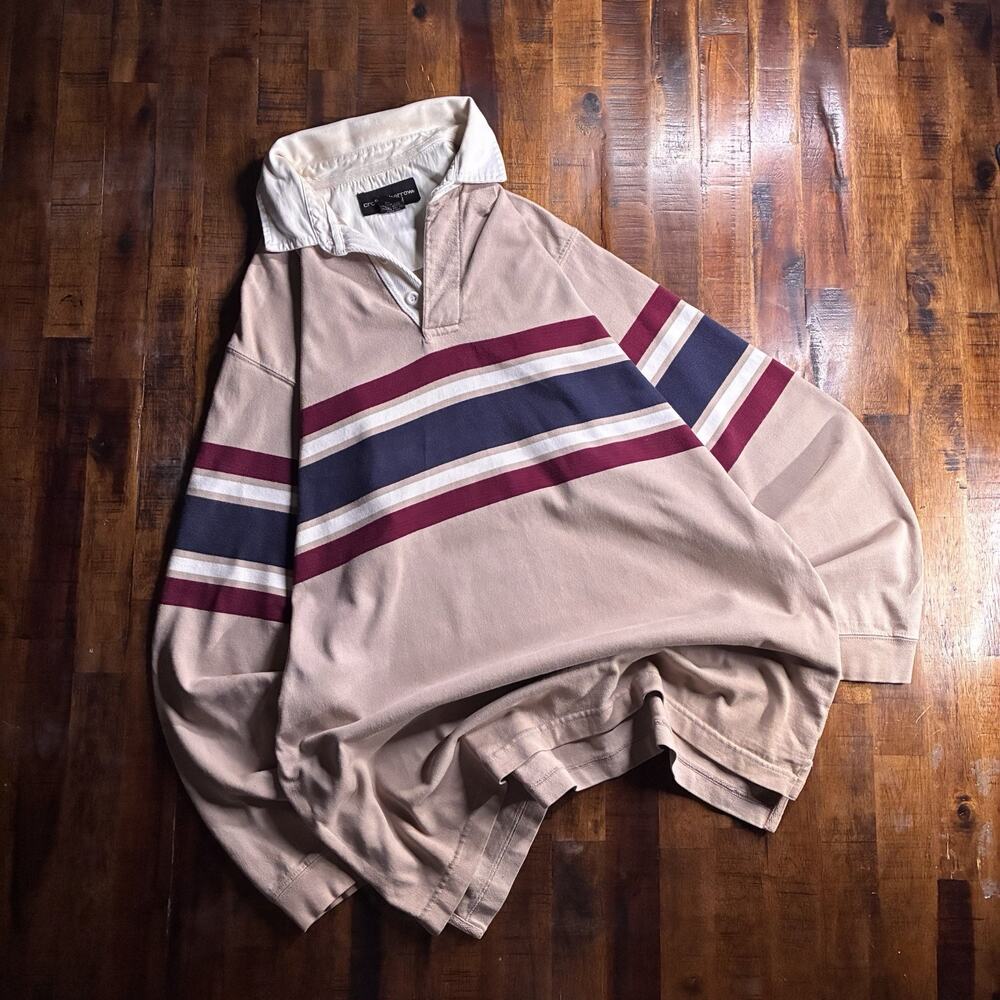 Croft & Barrow Men’s M Beige Burgundy Navy Striped Long Sleeve Cotton Polo